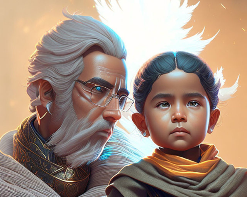 Elder with white hair and young child in mystical fantasy setting