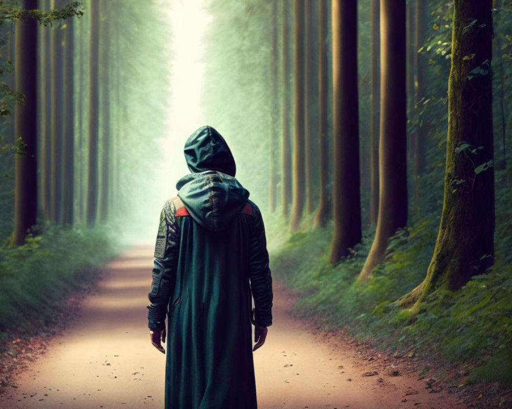 Mysterious figure in hooded cloak on misty forest path