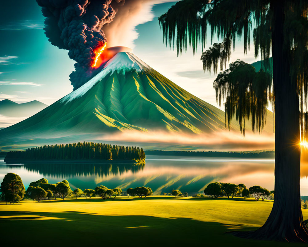 Volcano eruption reflected in serene lake at dawn