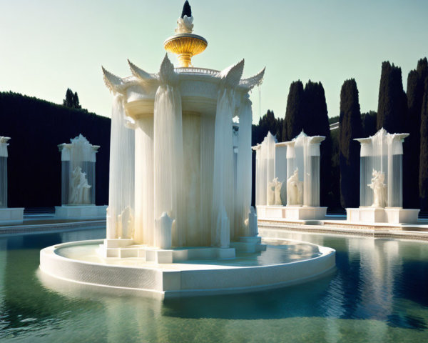 White Ornate Fountain with Sculpted Figures and Cascading Water