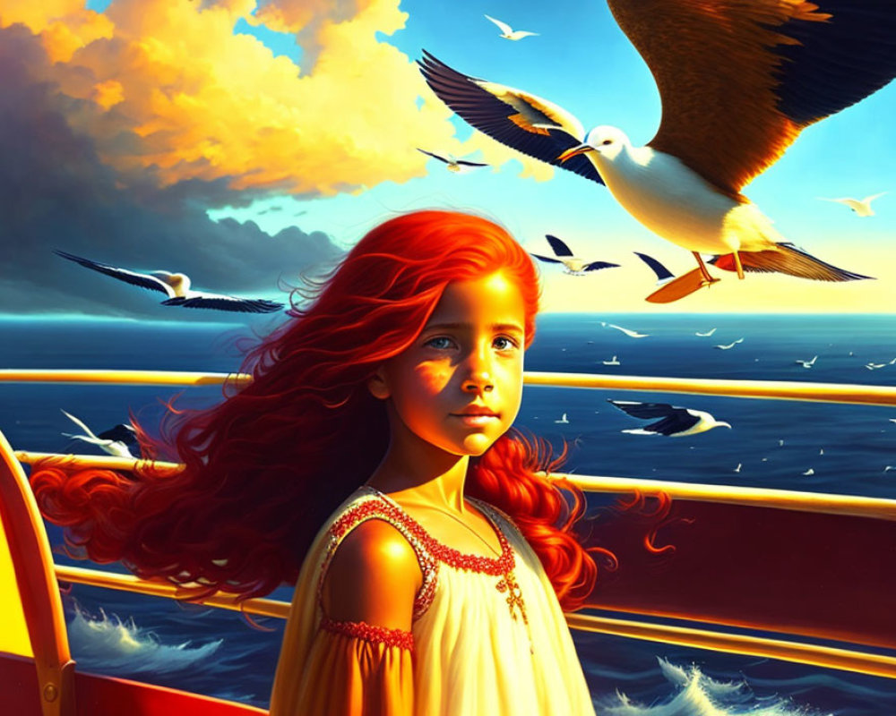 Red-haired girl on boat surrounded by seagulls at sunset
