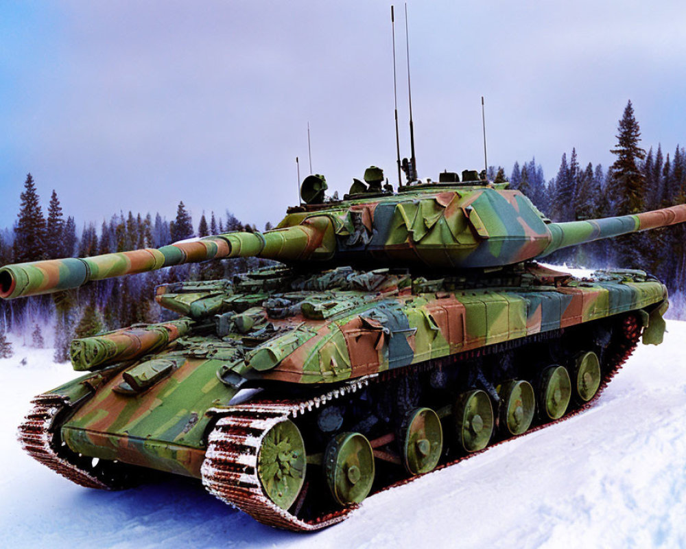 Camouflage-painted tank with long barrel on snow-covered ground