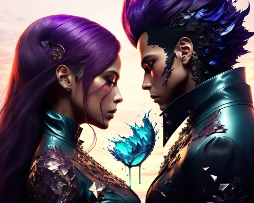 Vibrant purple hair characters with metallic clothing and glowing feather.
