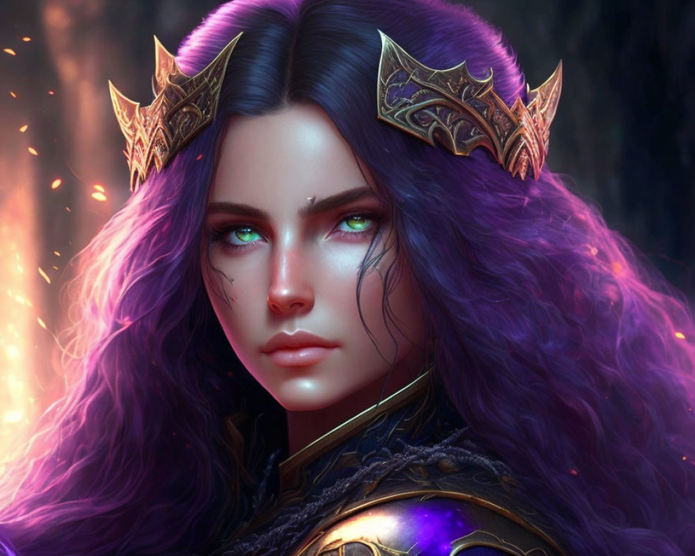 Fantasy female character with purple hair and golden crown on dark, fiery background