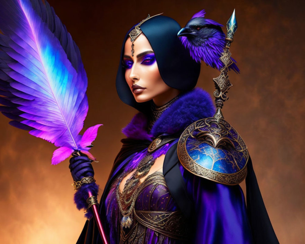 Woman with elaborate headdress and mystical raven in fantastical image