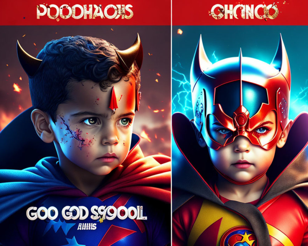 Stylized superhero-themed child portraits with dramatic lighting