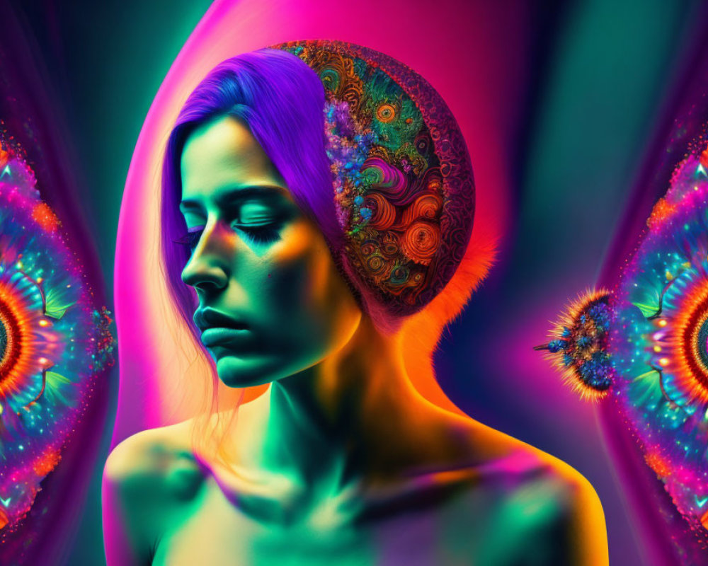 Vibrant digital artwork: Woman with purple hair, neon lighting, fractal patterns