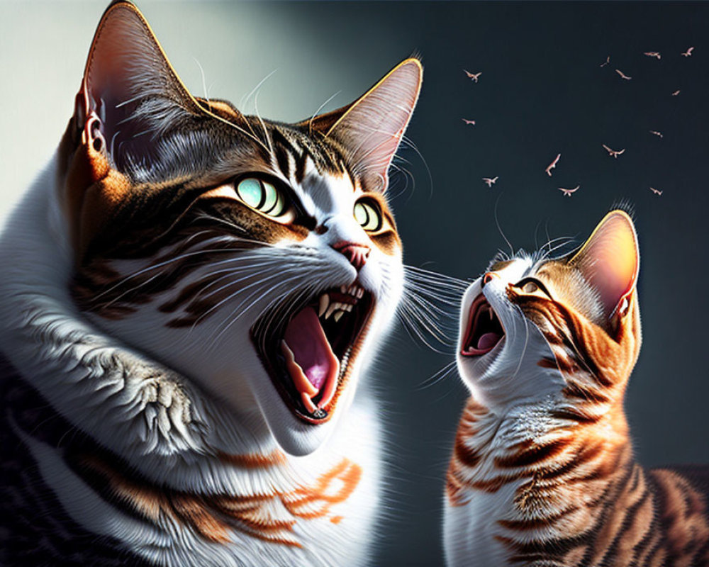 Two animated cats amazed with open mouths, birds flying in the background