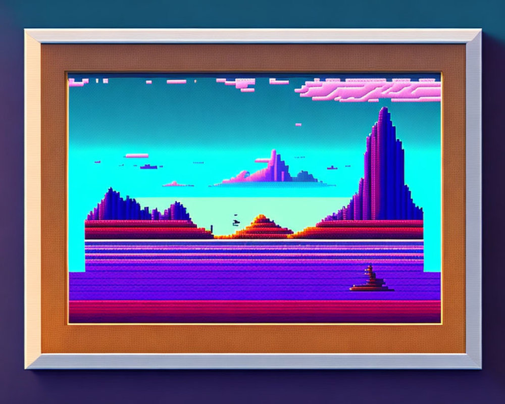 Tranquil sunset sea pixel art with mountains and boat on wall