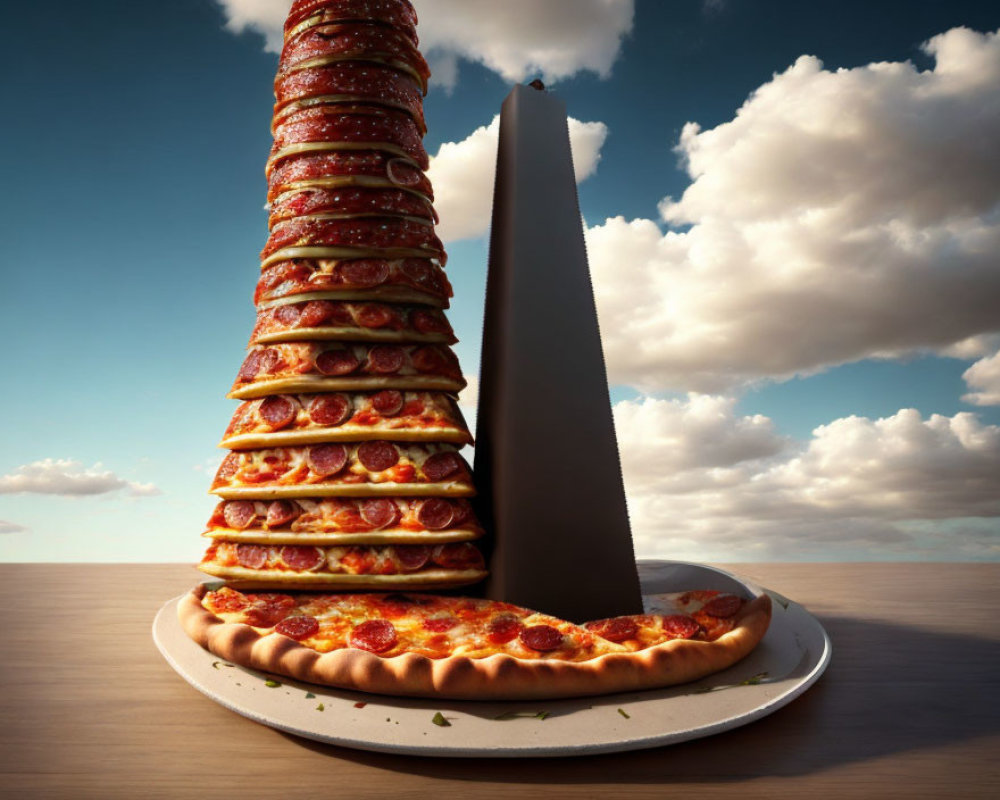 Stack of Pepperoni Pizzas Against Cloudy Sky