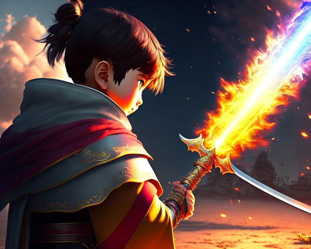 Child with topknot wields glowing sword in fiery battle scene