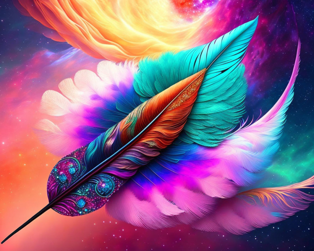 Colorful Feather Designs on Cosmic Galaxy Background