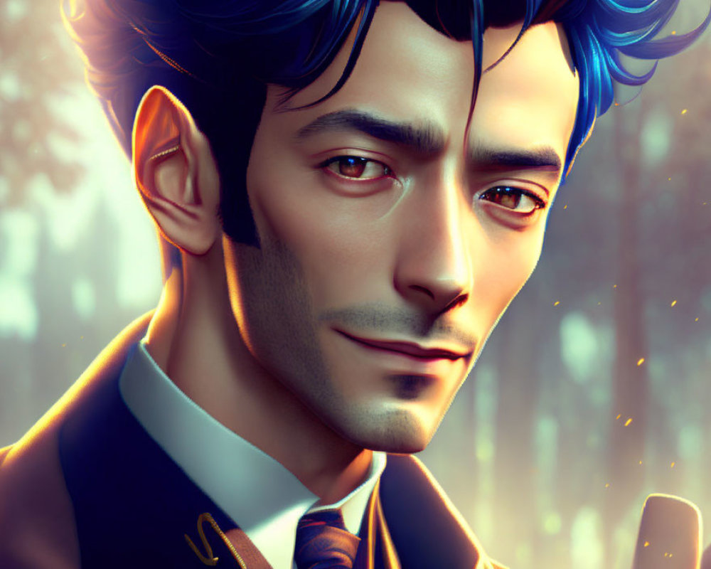 Man with Blue Hair in Suit Against Forest Backdrop