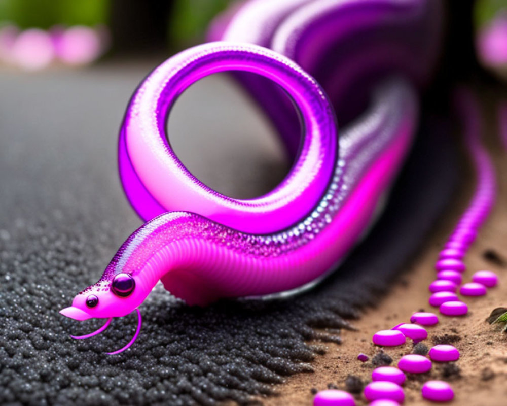 Surreal purple snake with shiny texture and googly eyes on gritty surface