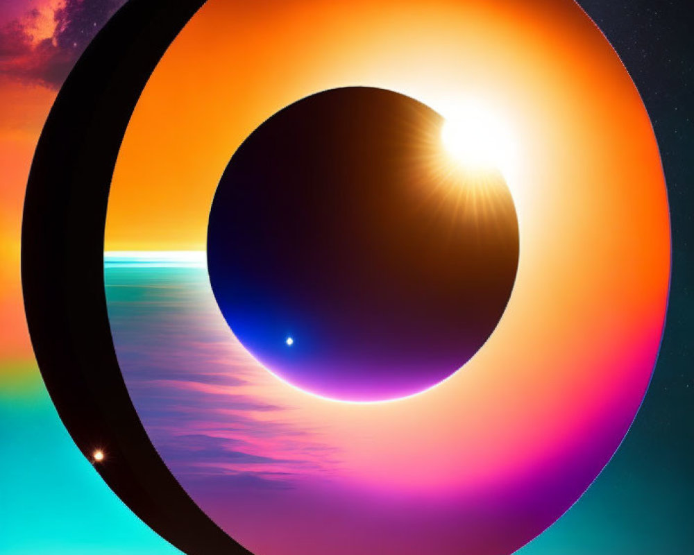 Colorful Cosmic Eclipse Over Tranquil Landscape
