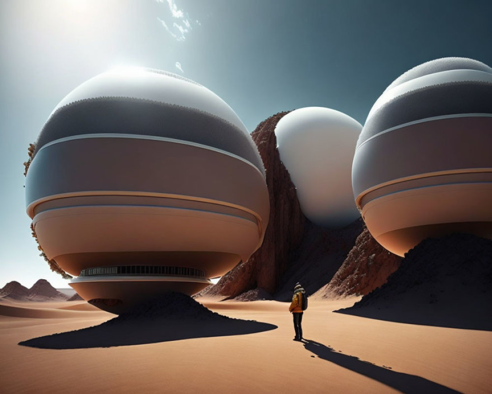 Person in Yellow Jacket Observing Futuristic Spherical Structures in Desert