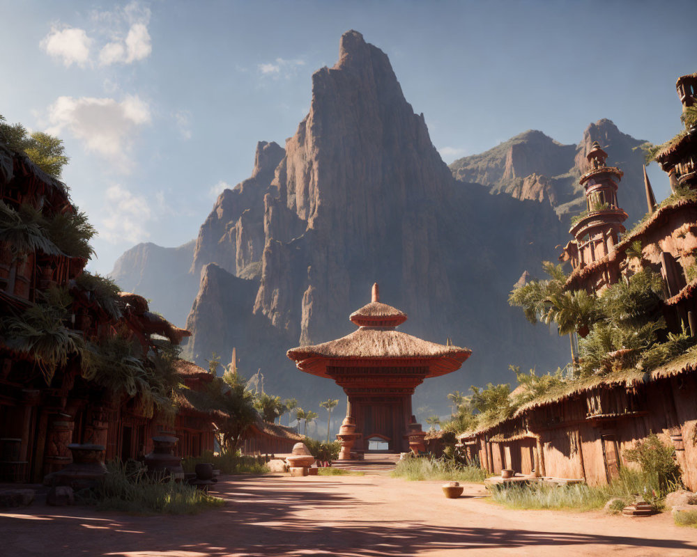 CGI-rendered ancient Asian village with pagoda, traditional houses, and rocky mountains