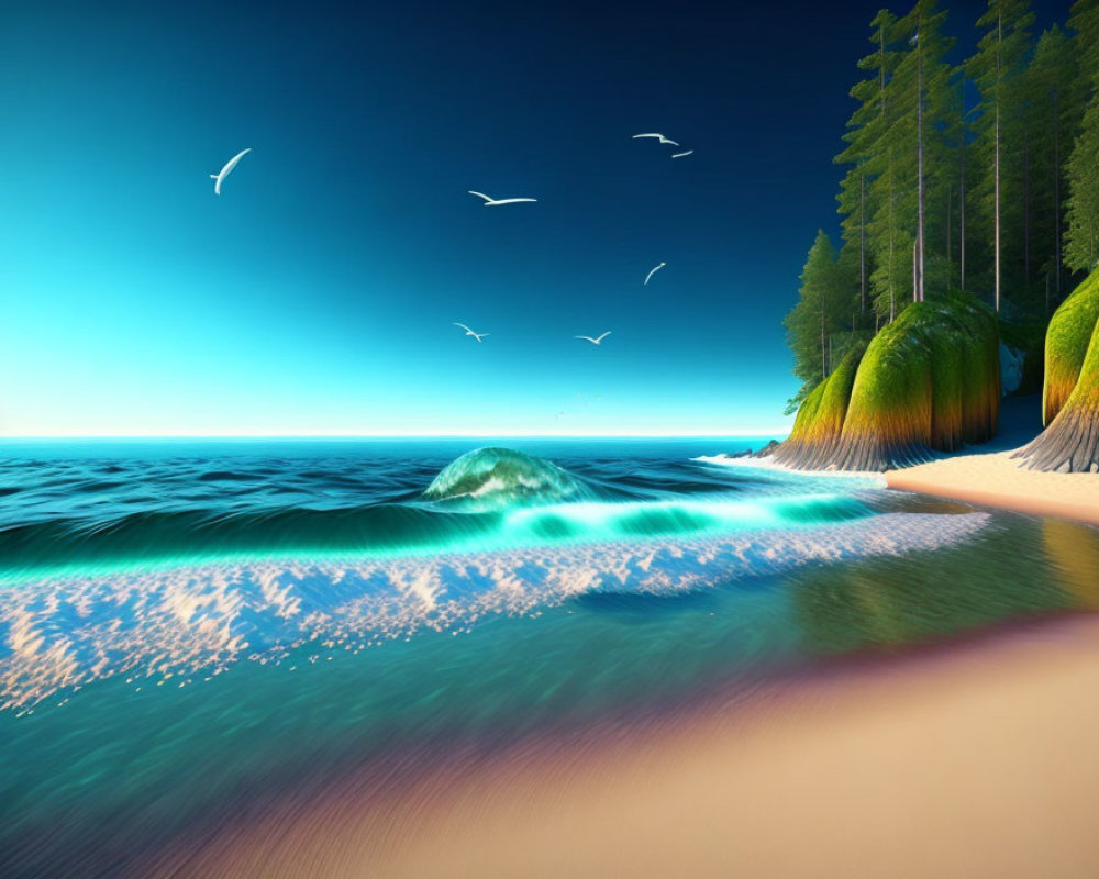 Tranquil beach landscape with blue sky, gentle waves, trees, and birds