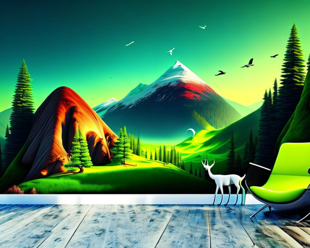 Immersive Nature Wallpaper Room with Modern Green Chair