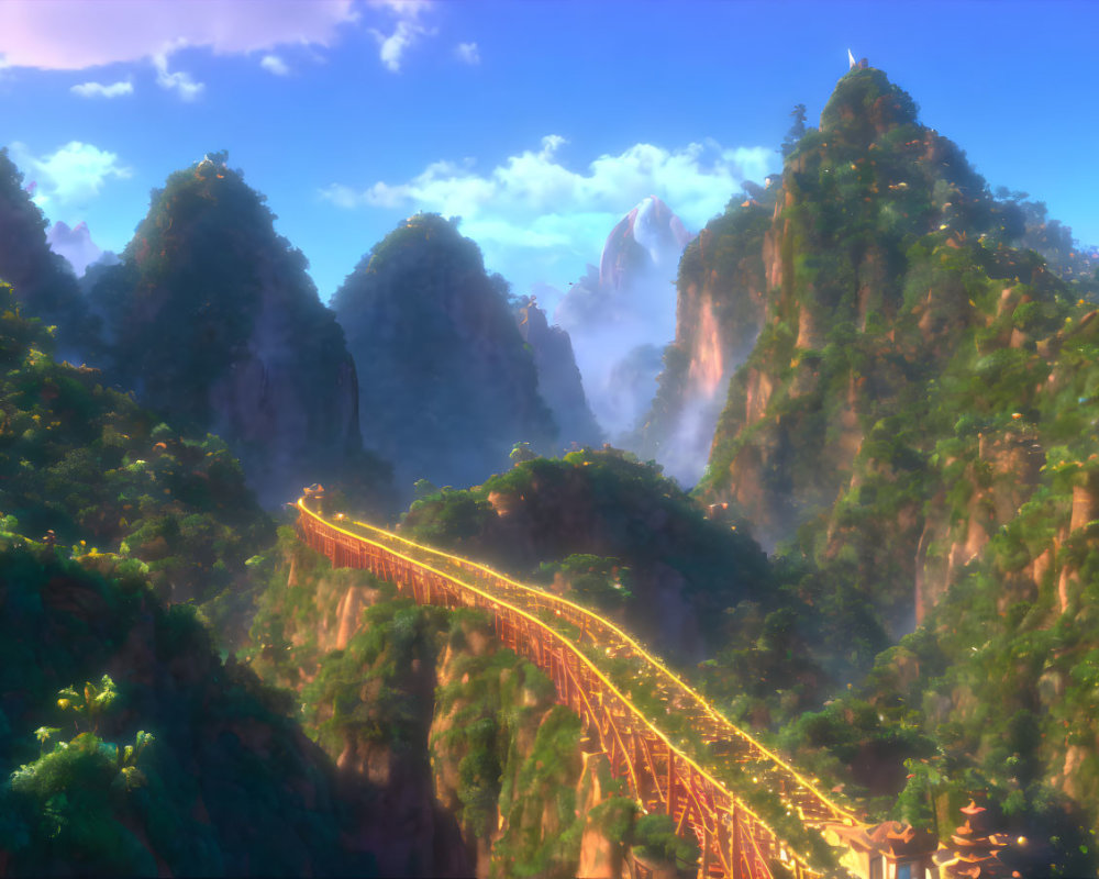 Tranquil animated landscape with green mountain peaks & bridge.