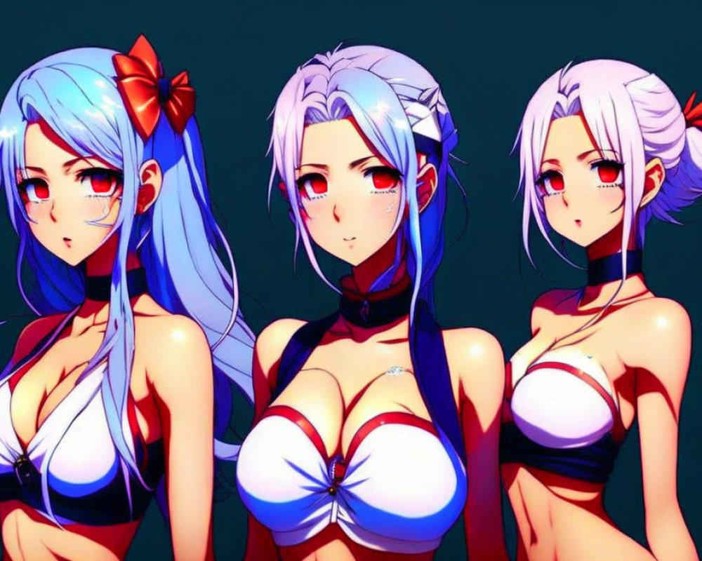 Anime-style female characters with blue hair and red eyes in white tops on dark background