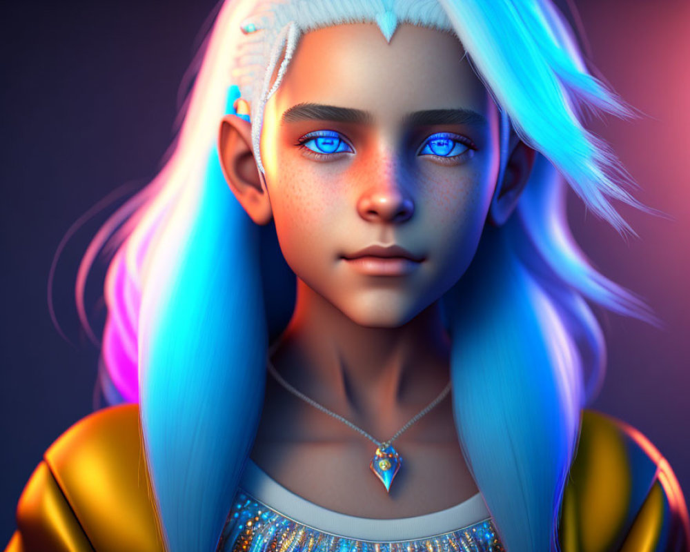 Character portrait with bright blue hair, blue eyes, freckles, pendant, ear cuffs on dark