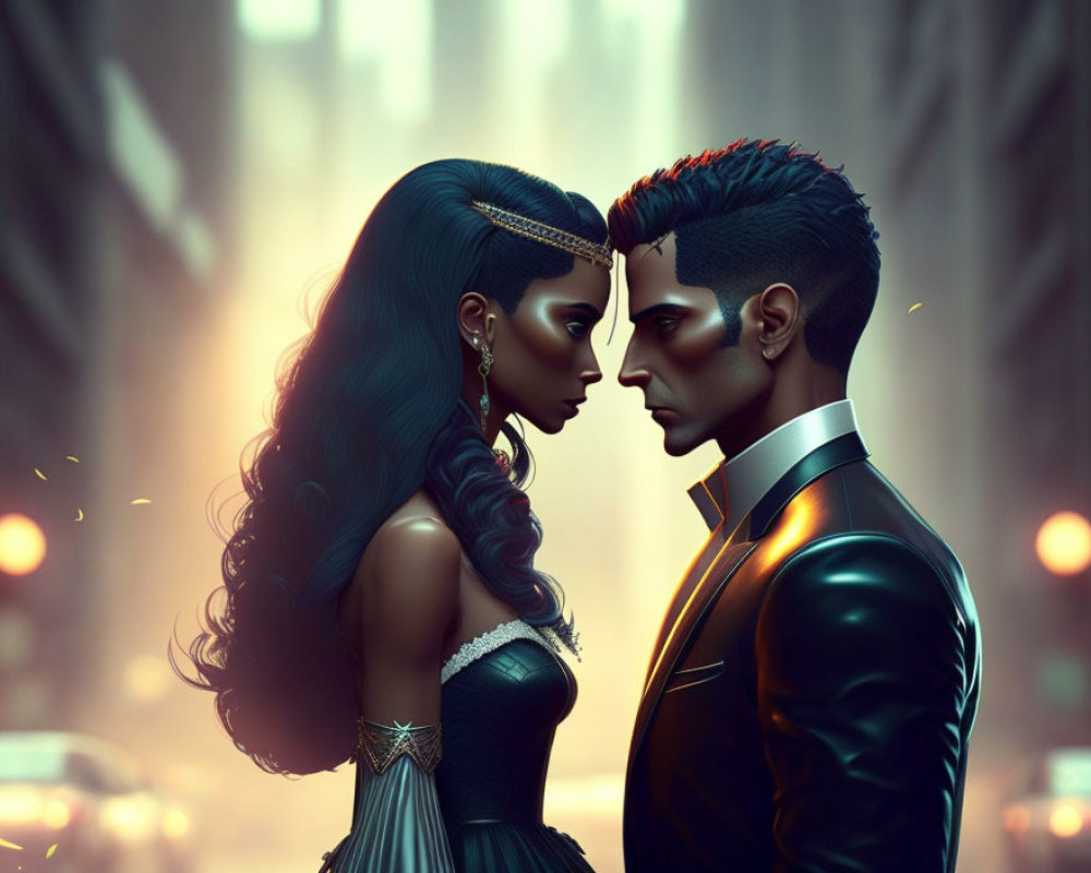 Stylized characters in intimate interaction on city street background