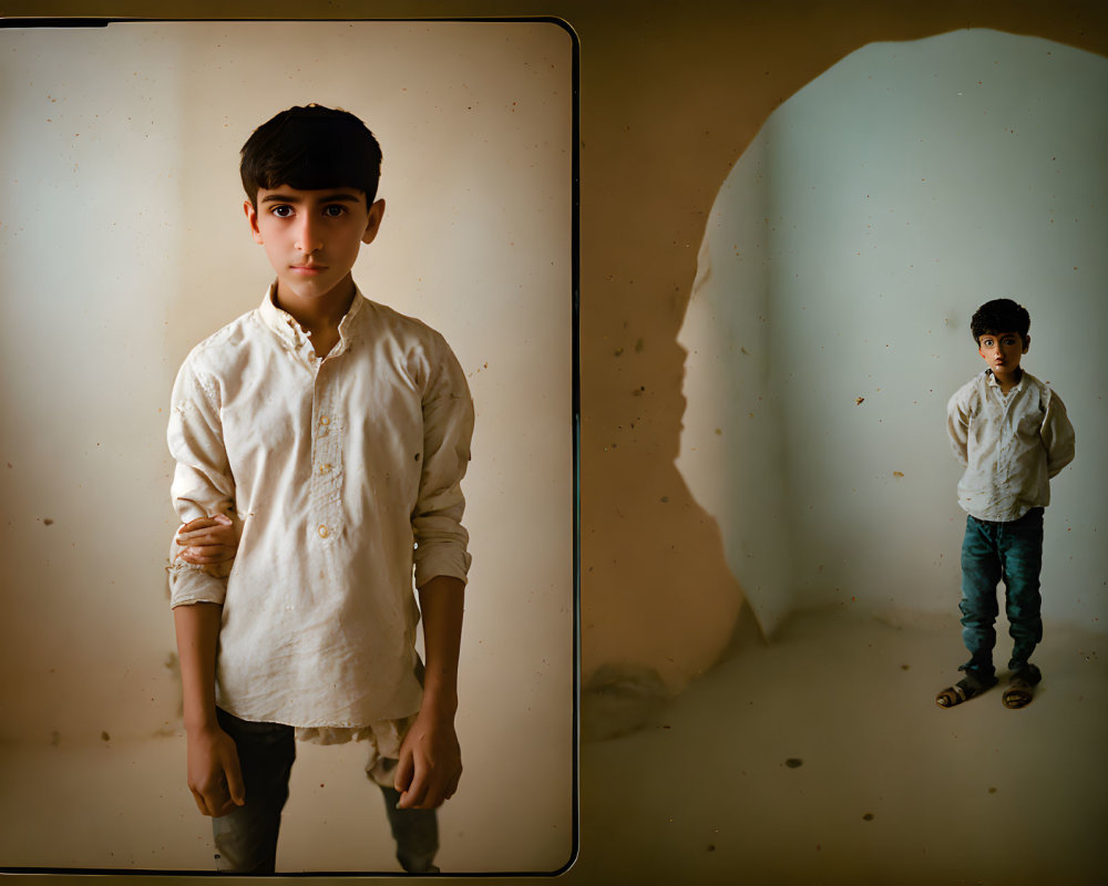Young boy in white shirt and blue jeans casting large shadow on neutral background