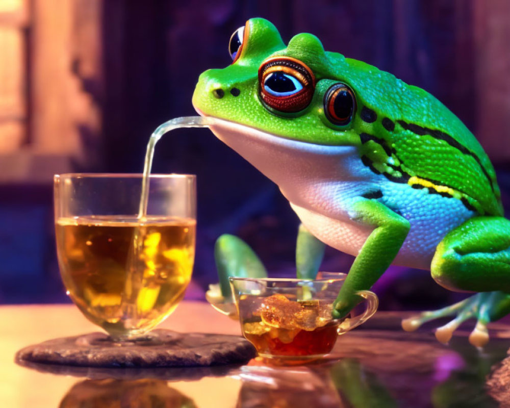 Colorful Frog Pouring Liquid into Glass with Ice Cubes