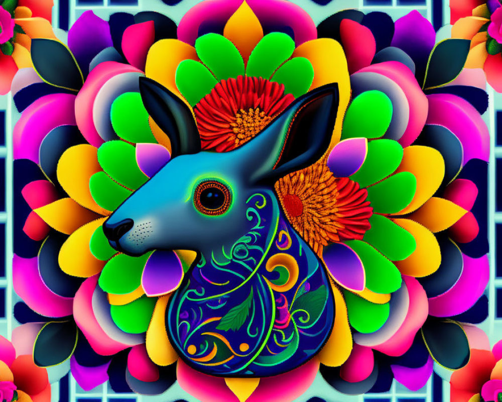 Colorful Stylized Blue Fox with Floral Motifs on Geometric Background