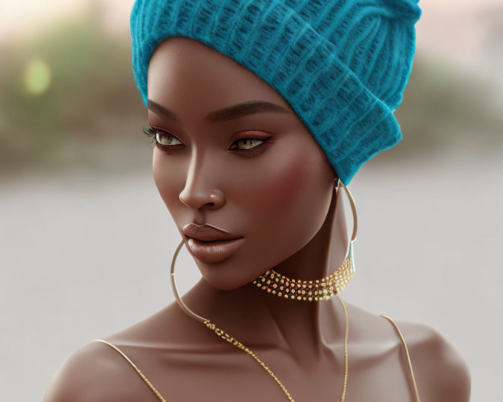 Digital Artwork: Woman with Blue Headwrap, Gold Jewelry, Holding Purple Flowers