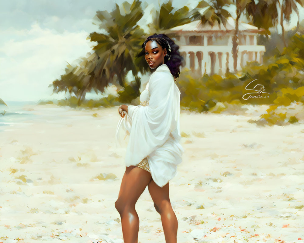 Woman in white outfit on sandy beach with palm trees & building.