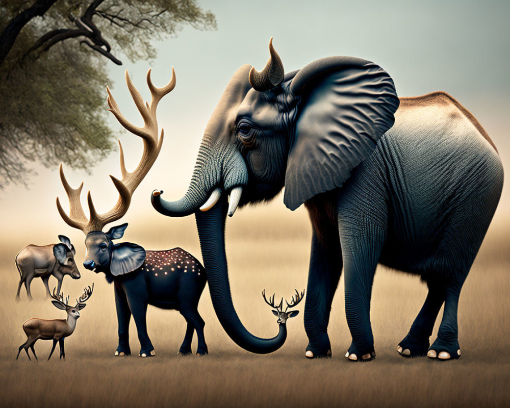 Elephant with deer antlers among smaller deer in grassland