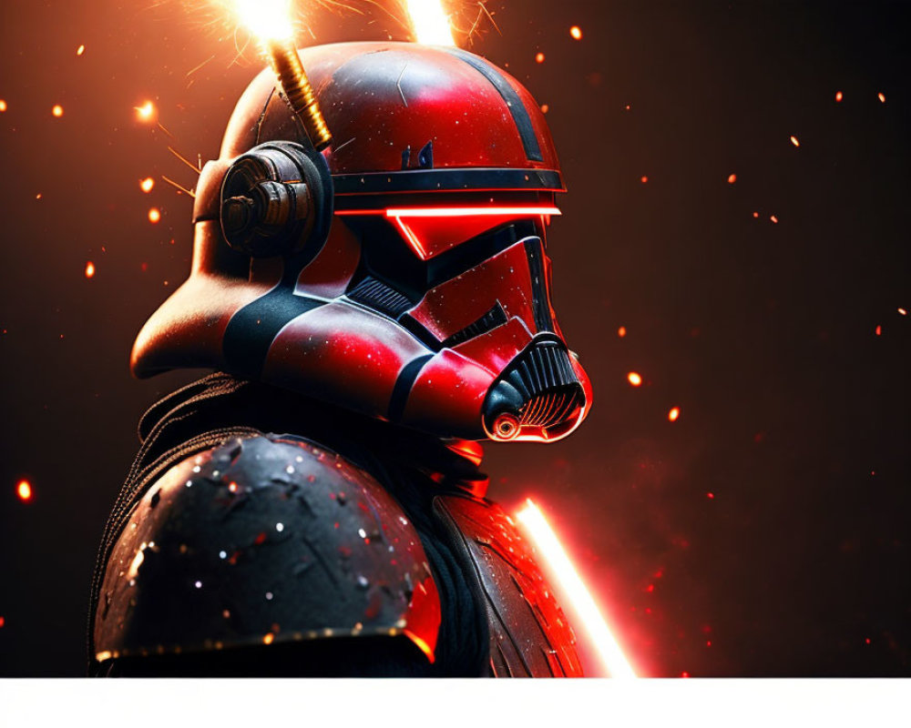Red and Black Futuristic Armor Helmet with Glowing Sparks on Dark Background