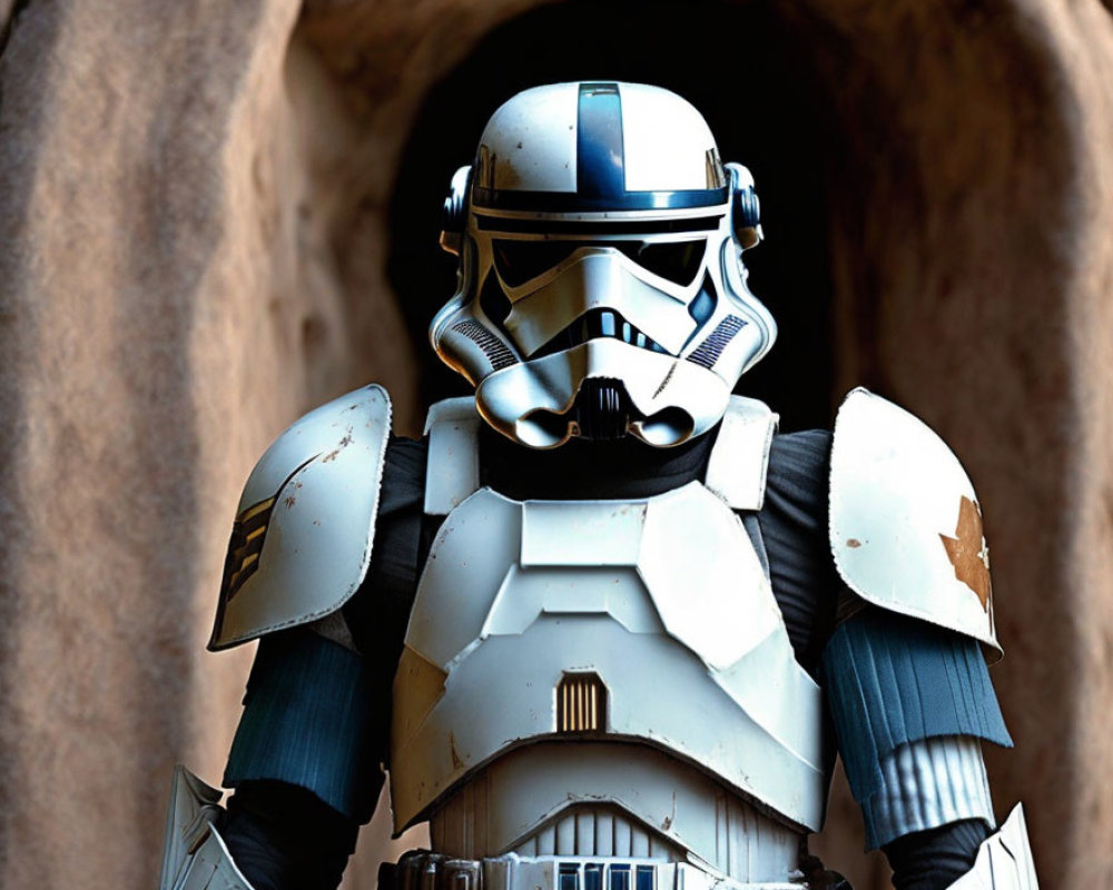 Weathered stormtrooper armor with blue markings on rocky backdrop