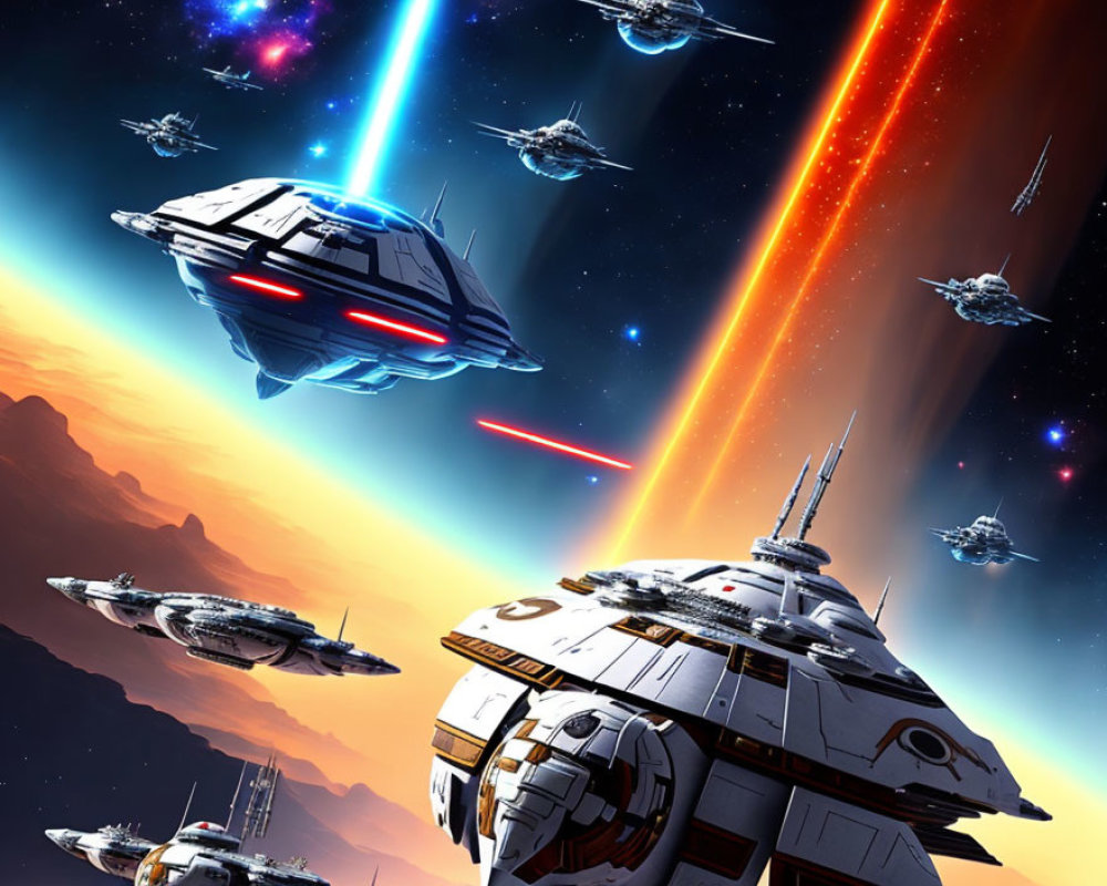 Futuristic space battle scene with colorful lasers