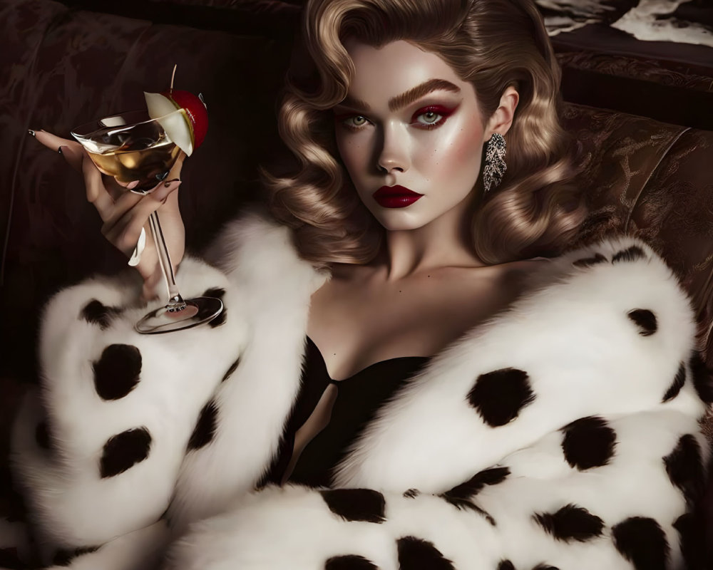 Vintage-styled woman with blonde hair, red lipstick, fur coat, and martini glass on dark