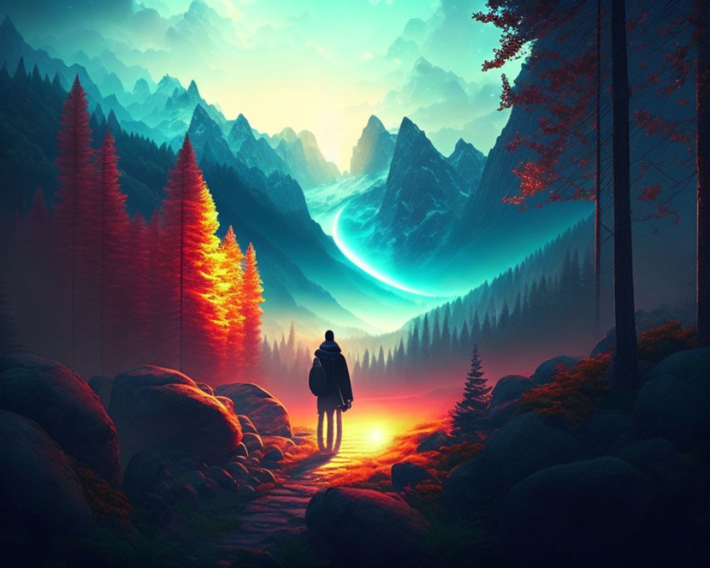 Vibrant forest scene with misty mountains and turquoise river