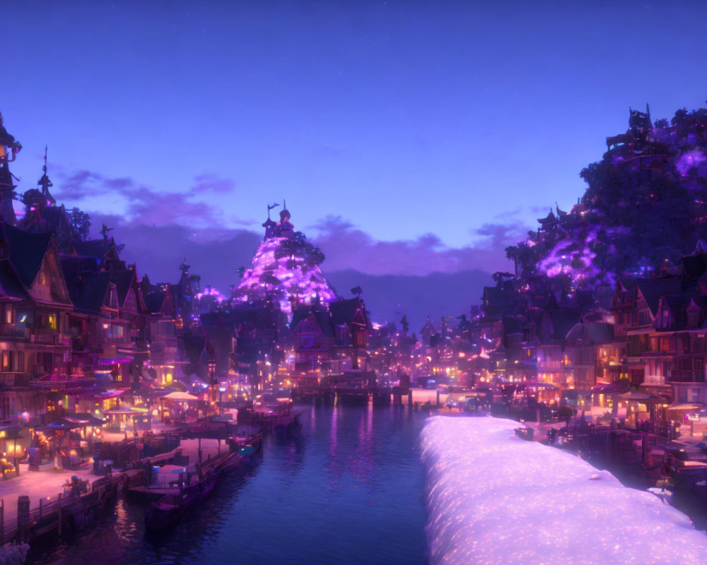 Fantasy town at twilight with glowing lights, snow-covered rooftops, and illuminated mountain