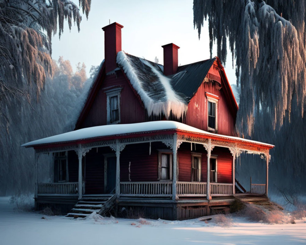 Red wooden house in snowy landscape at dusk