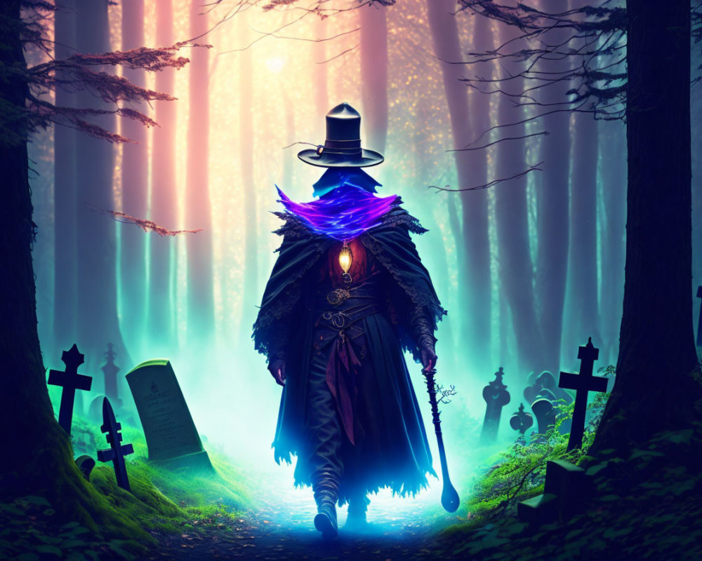 Mystical figure in cloak and hat walking in eerie forest with glowing lights and staff near graveyard.