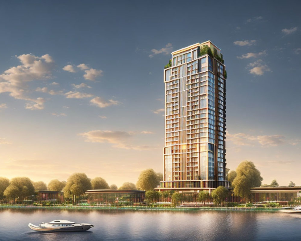 Contemporary high-rise with glass facade and rooftop garden by river at sunset