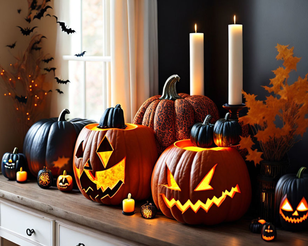 Spooky Halloween window display with carved pumpkins, candles, bats, and autumn leaves