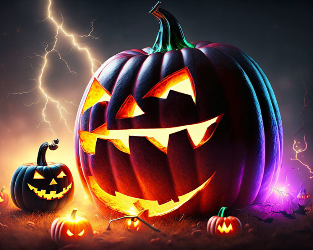 Glowing jack-o'-lanterns on eerie Halloween night with lightning.