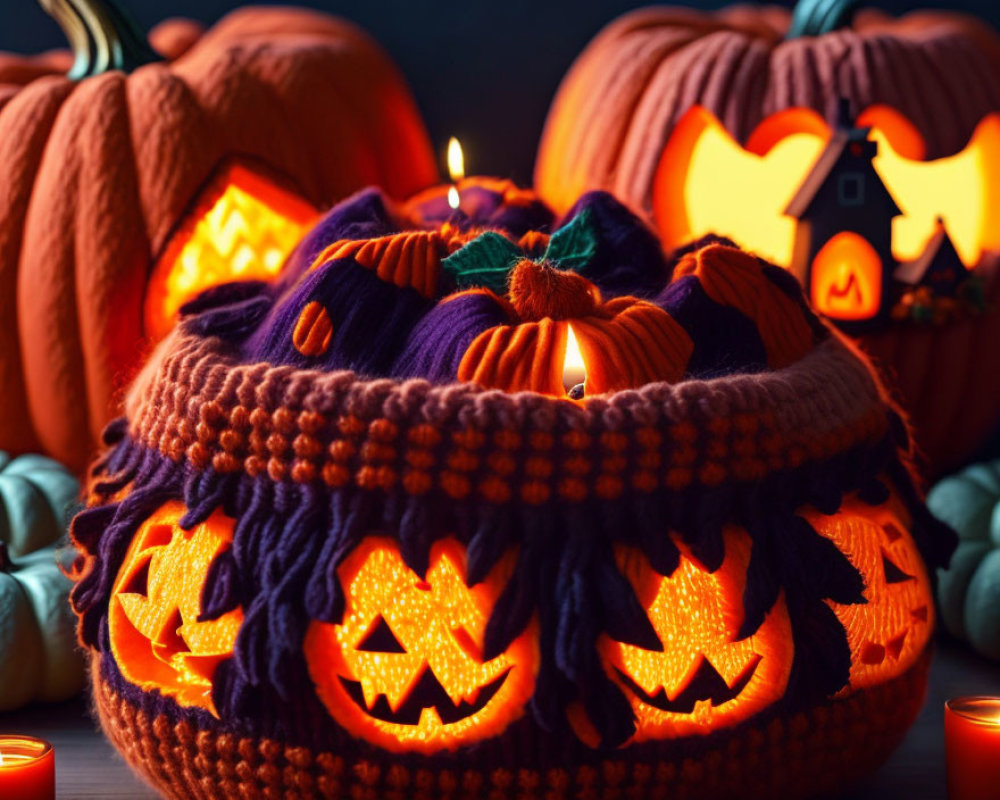 Glowing Jack-o'-lanterns with Knitted Basket, Pumpkins, and Candles