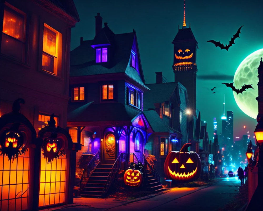 Decorated Halloween Street with Pumpkins, Bats, and Full Moon