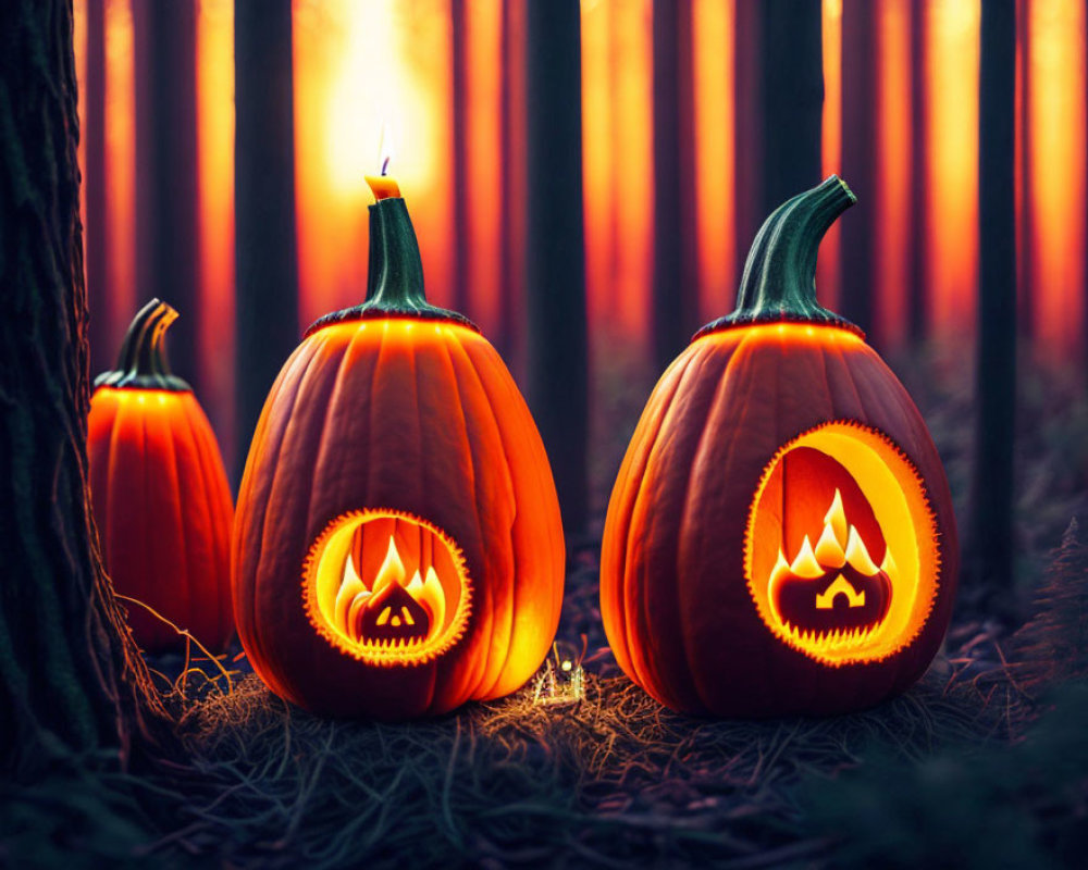 Carved Pumpkins with Candles in Forest at Dusk