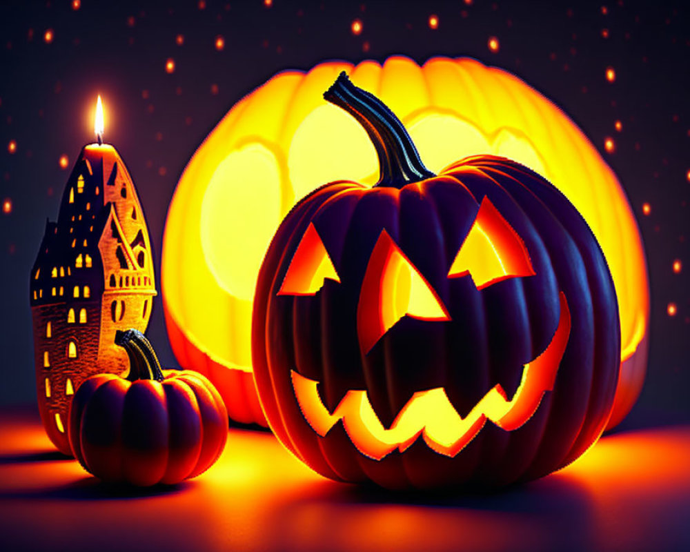 Glowing Jack-o'-lantern with Spooky Face and Candle-lit Lantern on Reflective