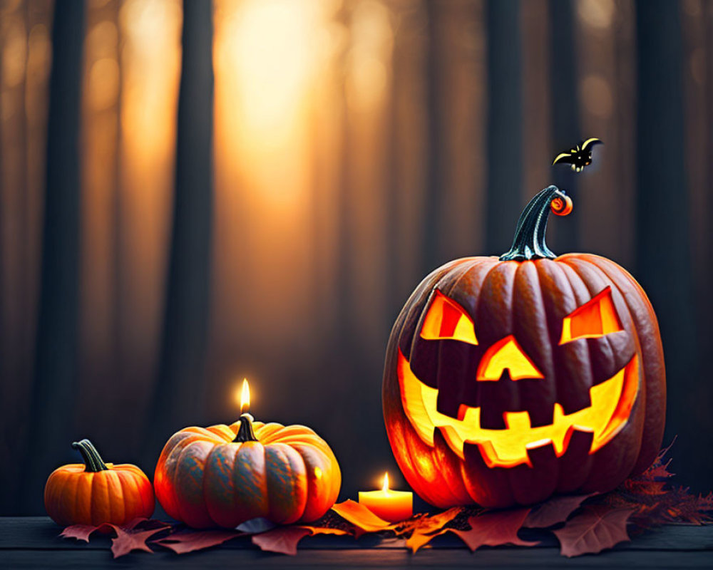 Menacing face carved pumpkin with candle, smaller pumpkins, and forest background at sunset