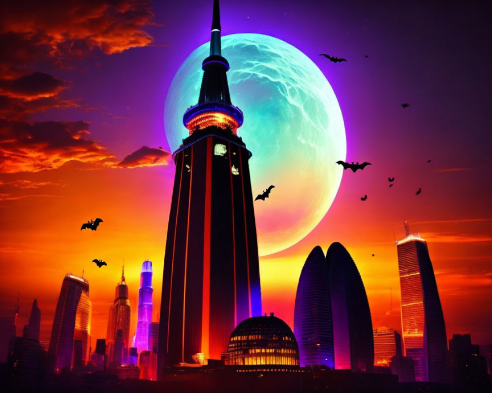 Futuristic city skyline at sunset with moon, flying birds, neon-lit skyscrapers
